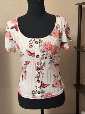 Floral Button-Front Scoop Neck Top - White with Pink Rose Print